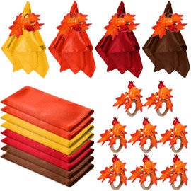 Suttmin 8 Sets Fall Thanksgiving Cloth Napkins and Napkin Ring Holders Reusable 8 Pcs Pumpkin Maple Leaf Napkin Ring Holders with 8 Pcs Fall Cloth Napkins for Party Table Decoration (Berry)