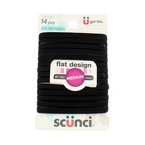 Scunci No-Damage Black Hair Ties, Flat Design All Day Hold 14-Pcs per Pack (2-Packs)
