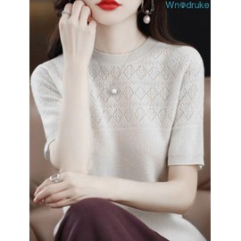 Wnodruke WN056 Summer Knit Top, Women's, Short Sleeve Knit, Sweater, Cool Neck, Simple, Fashionable, Cute, Fashionable, Soft, Elastic, Versatile, Casual, Commute, Spring and Summer, white, M