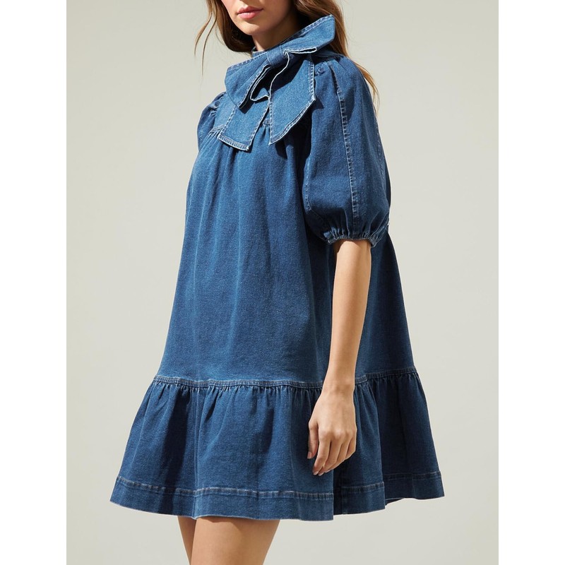 EZAPINE Womens Denim Dress Flowy Mock Neck Ruffle Short Sleeve