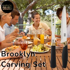 Taylors Eye Witness Carving Knife & Meat Fork Set - 20cm/8 Inch Classic Matt Stainless Steel Blade. Strong, Stylish Two Prong Fork for Professional Chefs & Home Cooks. Brass Bolster. Soft Grip Handle