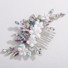 Rumtock AB Color Rhinestones Beads Flower Hair Comb White Flower Side Headpiece Pearl Jewelry for Women Wedding Brides (AB Color)