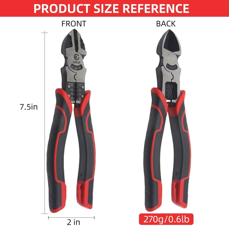 CINLIN 3-in-1 Diagonal Cutting Pliers, 7.5" Multifunction Heavy Duty Side-Cutting/Stripping/Crinmping