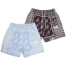 MECH-ENG Men's Paisley Shorts (2 Pieces) Mesh Graphic Bandana Print Boho Summer Beach Lightweight Drawstring Shorts(Blue+Brown Small)