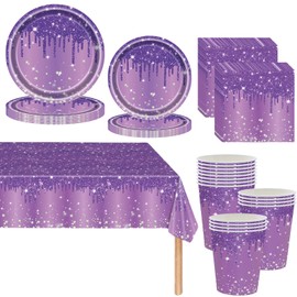 Girls Party Tableware Set 81 Pieces Shiny Diamond Napkins Plates Cups and Tablecloth Set for BBQ Birthday Baby Shower Wedding Party Decoration Supplies (Purple)