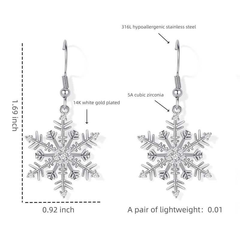 TIZU Snowflake Earrings for Women Christmas Earrings Cubic Zirconia Sparkle