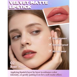 Matte Lipstick, Velvet Rose Nude Lip Stick Crayon Pencil, Waterproof Long Wear Lipstick 24 Hour High Pigmented, Smudge-proof Non-stick Hydrating Natural Lipgloss Christmas Makeup gift for Women-02