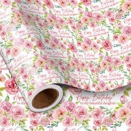 LeZakaa Floral Birthday Wrapping Paper Roll for Daughter, Lush Pink Rose, Happy Birthday to my Beautiful Daughter Gift Wrap for Daughter's Birthday, for Women, Girls, Mini Roll, 17inches x 16.4Feet