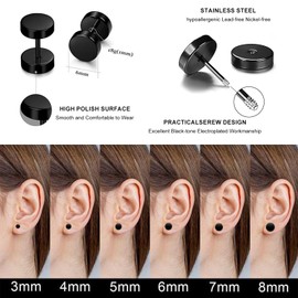 Fhioevt 6 Pairs of Stud Earrings Black Men's Earrings Stainless Steel Hypoallergenic Black Earrings Women's Fake Plug Men's Earrings Set 3 mm - 8 mm Screw Earrings Dumbbell Ear Piercing Men and Women,