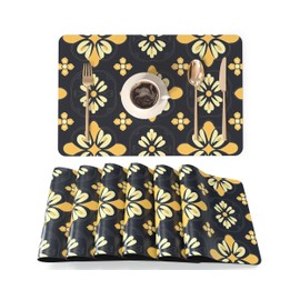 QIYI Faux Leather Place Mats Set of 6 - PU Placemats 45 x 30 cm, Waterproof, Oil & Heat Resistant, Non-Slip for Kitchen, Dining Table, Indoor & Outdoor, Vintage Pattern with Golden Flowers
