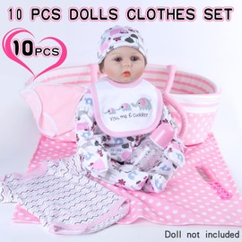 10-Pieces Reborn Baby Doll Clothes with Bassinet Blanket Diaper fit 17-22 inch Reborn Dolls Cute Pink Baby Doll Clothes and Accessories Set Newest Design