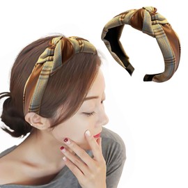 Pokmill Hair Band, Cotton Linen + PU Leather, Anti-Slip, Wide Hair Headband, Girly, Mature Style, Stylish, Women's, Painless, Formal, Hair Accessory, Everyday Use (Brown, One Size)