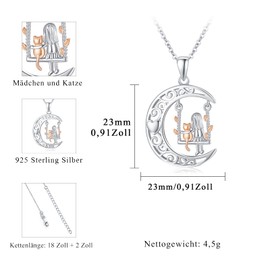 TRISHULA Cat Chain 925 Sterling Silver Cat Girl Moon Necklace Pendant New Moon Jewellery Gifts for Girls Women 18 Inches + 2 Inches, Sterling Silver