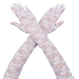 CABODYALS 2 Pairs White Long Elegant Lace Gloves Opera Vintage Floral Pattern Tea Party Sheer Tulle Gloves Sun Protective Arm Elbow Length for Women Evening Party Wedding Ceremony Costume Accessories