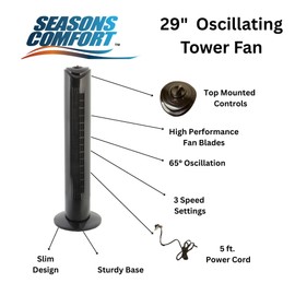 Seasons Comfort 29 Inch Oscillating Tower Fan With 3 Speed Settings, 65 Degree Oscillation, Quiet - Indoor Oscillating Fan for Home, Bedroom & Office