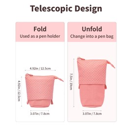 Sooez Standing Pencil Case, Cute Stand up Pencil Pouch, Telescopic Pen Pouch, Portable Pencil Holder, Kawaii Stand up Pencil Case, Spacious Pencil Pouch Bag for School Office Supplies, Pink