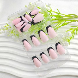 Coffin Press on Nails Short Black French Tip Acrylic Nails Press ons Light Pink Full Cover Fake Nails Glossy Glue on Nails Cute False Nails Short Coffin Stick on Nails for Women 24Pcs