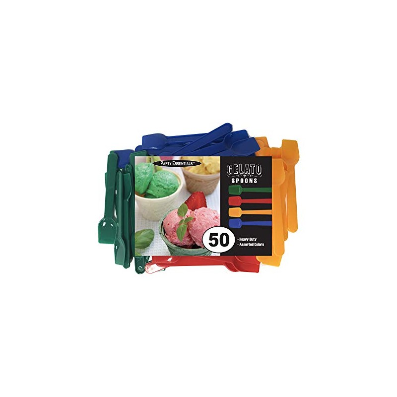 Party Essentials Plastic Disposable Gelato/Taster Spoons, 50-Count, Red/Yellow/Blue/Green (N525062)