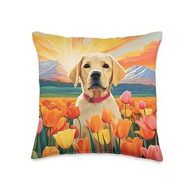 Cute Yellow Labrador Flower Mountain Sunset Lab Dog Throw Pillow