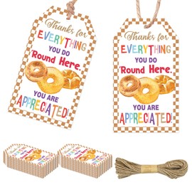 Serencatcher 50pcs Bagel Themed Employee Appreciation Gift Tags, Thanks for Everything You Do 'Round Here You are Appreciated Favor Tag with String for Coworkers Volunteers Teachers Appreciation