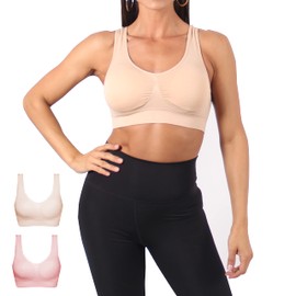 Thefne Set de 2 Tops Deportivos para Mujer. Sujetador/Sosten/Brasier Deportivo Suave, Ligero y Transpirable. Ropa Deportiva Mujer. Bra para Yoga, Pilates, Crossfit y Gym. (Rosa y Nude, M)