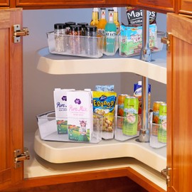 URALFA Lazy Susan Organizers Set of 4, 10"x 9.5"x 4" Corner Cabinet Organizer, Plastic Transparent Kitchen Cabinet Storage Bins with Handle, 4" Deep Container, 1/8 Wedge - Food Safe, BPA Free