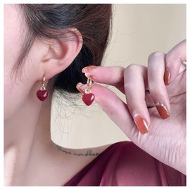 Allereyae Vintage Heart Dangle earrings Red Coral Earrings Red Heart Love Huggie Earrings Gold Hoop Huggie Earrings Jewelry for Women