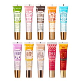 Ruby Kisses Broadway Vita-Lip - Brillo labial tintado y transparente (paquete de 10) fórmula ultra hidratante y calmante, bálsamo labial antiadherente de alto brillo con menta, rosa mosqueta, coco