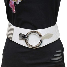 Glamexx24 Women's Elastic Waist Belt 6 cm Wide Waist Belt with Silver Ring, White