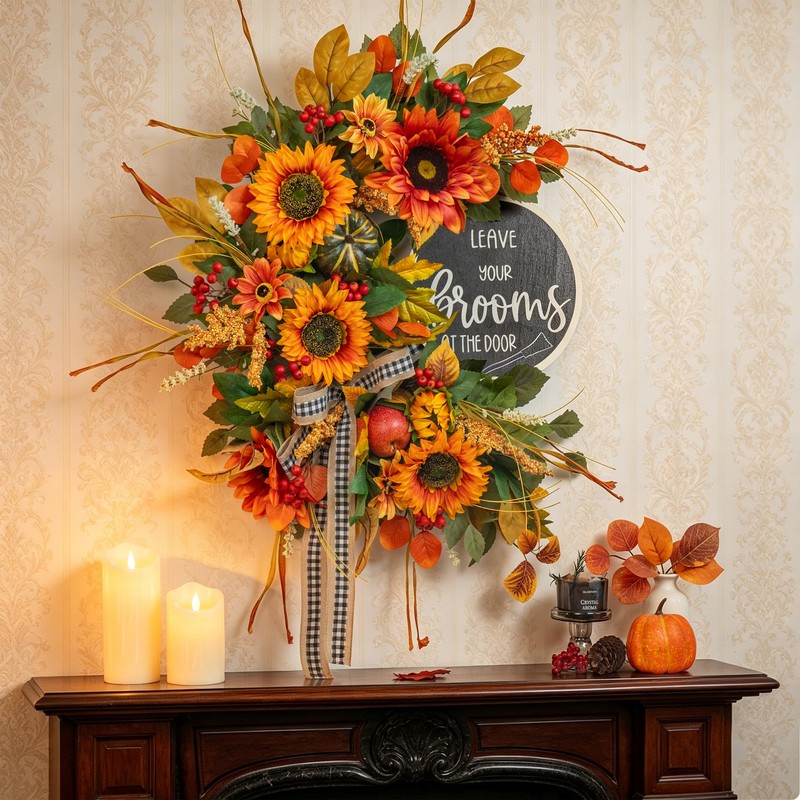 Fall Wreaths for Front Door 24 Inch Outside, Autumn Rustic