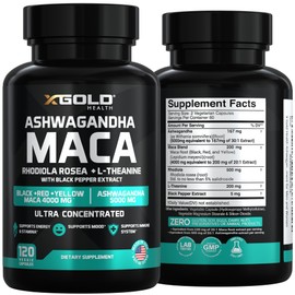 Ashwagandha 5,000mg + Maca Root Black, Red, Yellow 4,000mg, Rhodiola & L-Theanine: 30:1 Extract Ashwagandha Capsules, 20:1 Extract Maca Root Capsules - Supplement for Men and Women