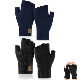 CPRNQY 2 Pairs of Men's Fingerless Gloves, Fingerless Gloves, Winter Knit Touchscreen Warm Stretchy Half Finger Fingerless for Men Work Cycling Camping Hiking Running Driving
