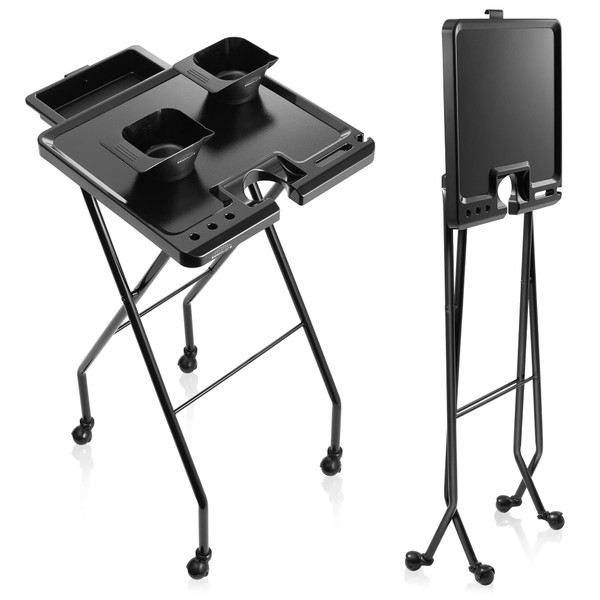 Saloniture Rolling Salon Coloring Tray - Folding Hair Stylist Color Cart with Drawer and Magnetic Bowls, Black