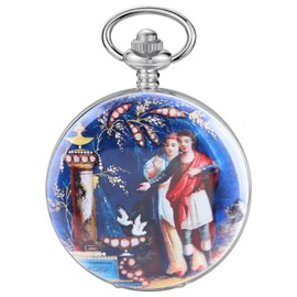 Steel Shell Blue Porcelain Two Person Pattern Design Mechanical Pocket Watch, Men's Mechanical Movement Roman Numeral Dial Single Opening Pocket Watch