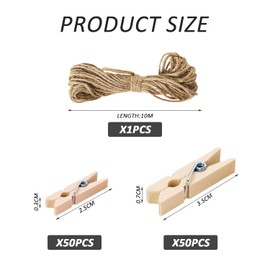 100 Pieces of Wooden Clips, 10 Meters of String, Photo Clips, Retro Clips, Craft Clothespins, Holiday Card Holder, Note Holder for Photos and Notes