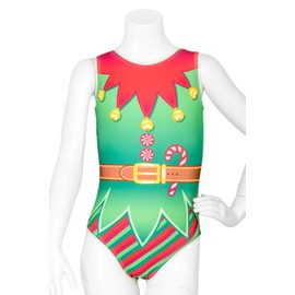 Destira Christmas Gymnastics Leotards for Girls, Gym Elf, Super Soft Leotards with Matching Scrunchie - Dance, Cheer, Yoga, & More, Child X-Large (12)