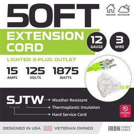 Iron Forge Cable 12 Gauge Extension Cord 50 ft 3 Outlet Pigtail, 12/3 Heavy Duty Extension Cord with Multiple Outlets 3 Prong, SJTW Neon Green Outdoor Power Cable for Major Appliances, 15 AMP