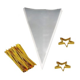 COOLAKE Clear Cone Bags 100PCS Cellophane Triangle Clear Treat Bags with Gold Twist Ties for Christmas Candy Popcorn Handmade Cookies Sweets Crafts 11.8” by 6.3”