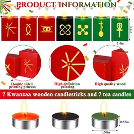 Mumufy 7 Sets Kwanzaa Kinara Candles Decorations with Wooden Cube Candle Holders Double Sided Printing Kwanzaa Tea Light Set for Celebration and Table Ornaments