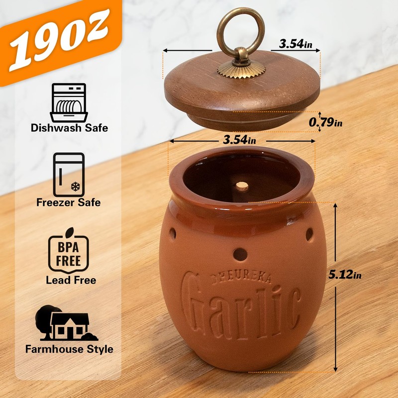 Dheureka Garlic Keeper with Wooden Lid, 19 oz Clay Garlic