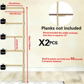 Gold Industrial Wall Mount Iron Pipe Shelf Bracket,DIY Open Bookshelf,Storage Shelves, Ceiling hung Shelves for Home Kitchen Bathroom Living Room Office(2PcsX5Tier,70" Tall,12"deep,Hardware Only)