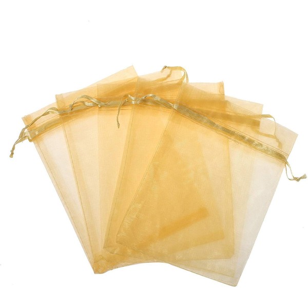 100pcs 5x7 inch Gifts Wrap Bags Gold, Organza Sheer Fabric Bulk, Drawstring Reusable Recycled Pouch for Baby Shower Favor, Craft Business, Beach, Standard Size Elegant Business Card, Cute Little Toy