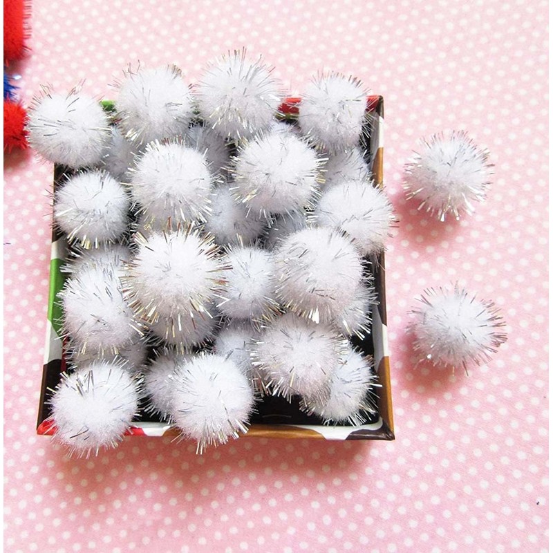 Plush Pompoms with Silver Glitter, Round Pompom, White Colour Set,