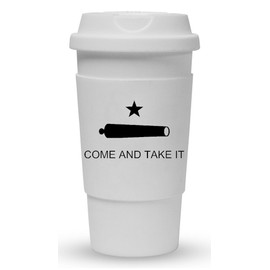 Funny Guy Mugs Texas Come And Take It Travel Tumbler With Removable Insulated Silicone Sleeve, White, 16-Ounce