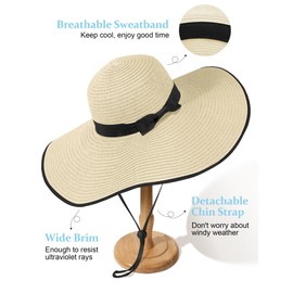 Sun Hats for Women Oversize Wide Brim Straw Beach Hat UV Protection Floppy Foldable Roll-Up Travel Summer Vacation UPF 50+ Beige Black