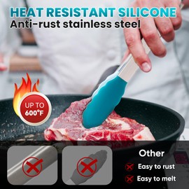 600℉ Heat Resistant Kitchen Tongs for Cooking with Silicone Tips,12-Inch Stainless Steel Locking Cooking Tongs Food Tongs for BBQ,Cooking,Salad and Serving Food,Heavy Duty,Non-Stick (Turquoise)