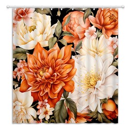 JEJOMEAG Orange Floral Shower Curtain Watercolor Flowers Boho Botanical Romantic Aesthetic Girls Women Fabric Bathroom Curtain with Hooks, 70Wx70H