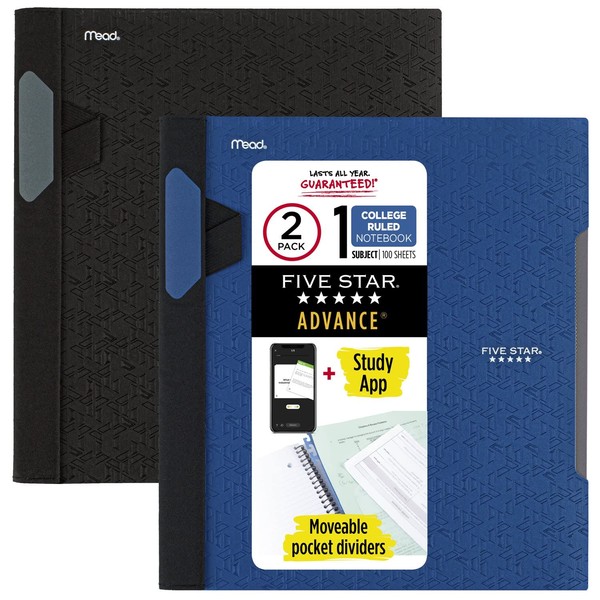 Five Star Advance Spiral Notebooks + Study App, 2 Pack, 1 Subject, College Ruled Paper, 11" x 8-1/2", 100 Sheets, With Spiral Guard and Movable Dividers, Black, Pacific Blue (820112)