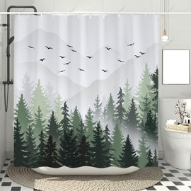 Green Misty Forest Shower Curtain, Foggy Mountain Shower Curtain, Nature Sage Green Pine Tree Smokey Scenery Landscape Natural Woodland Bathroom Decor, Fabric Bath Curtain 72x72 Inch with Hooks