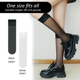 BEIBXHQQ 2 Pairs Sheer Knee High Stockings Women's Knee-High Socks， Pop Socks Knee High Elastic Soft Nylon for Women Girls (Black, White)